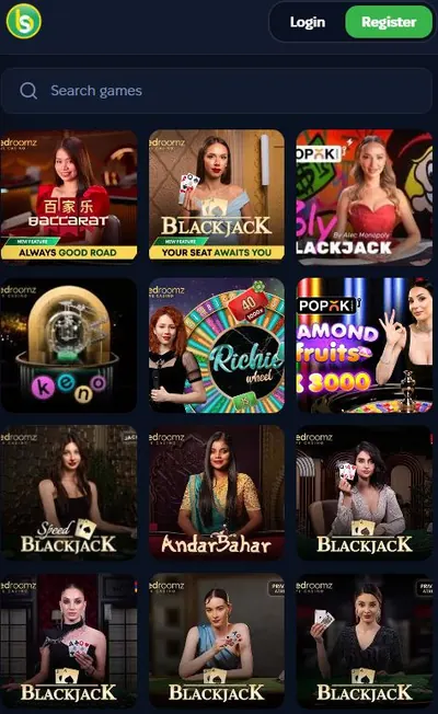 Spurbets live casino lobby with Blackjack, Baccarat, Andar Bahar and Richie Wheel tables
