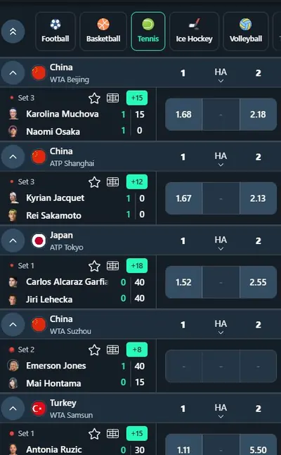 Spurbets live tennis betting from WTA Beijing and ATP Shanghai with odds and extra markets