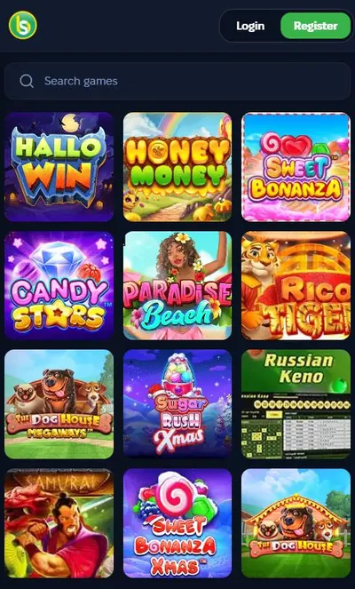 Spurbets slots lobby with Sweet Bonanza, Honey Money, Candy Stars and Rico Tiger